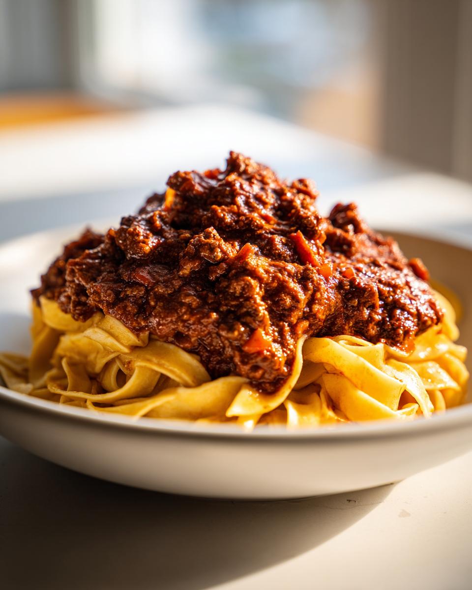 Close-up of a generous serving of rich, dark Bolognese sauce piled on top of fresh, wide egg noodles.
