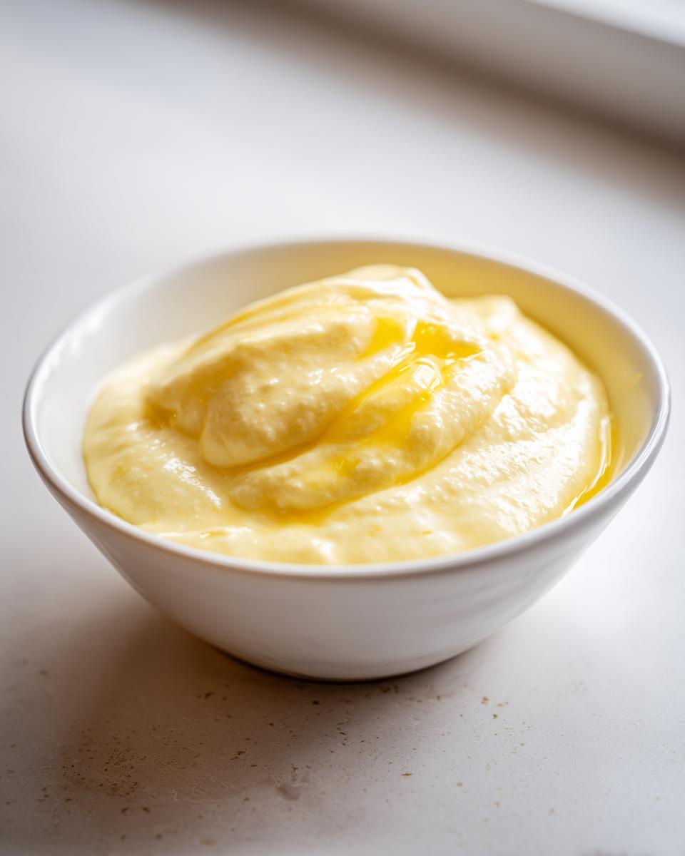 A close-up of thick, yellow hollandaise sauce topped with melted butter in a small white bowl.