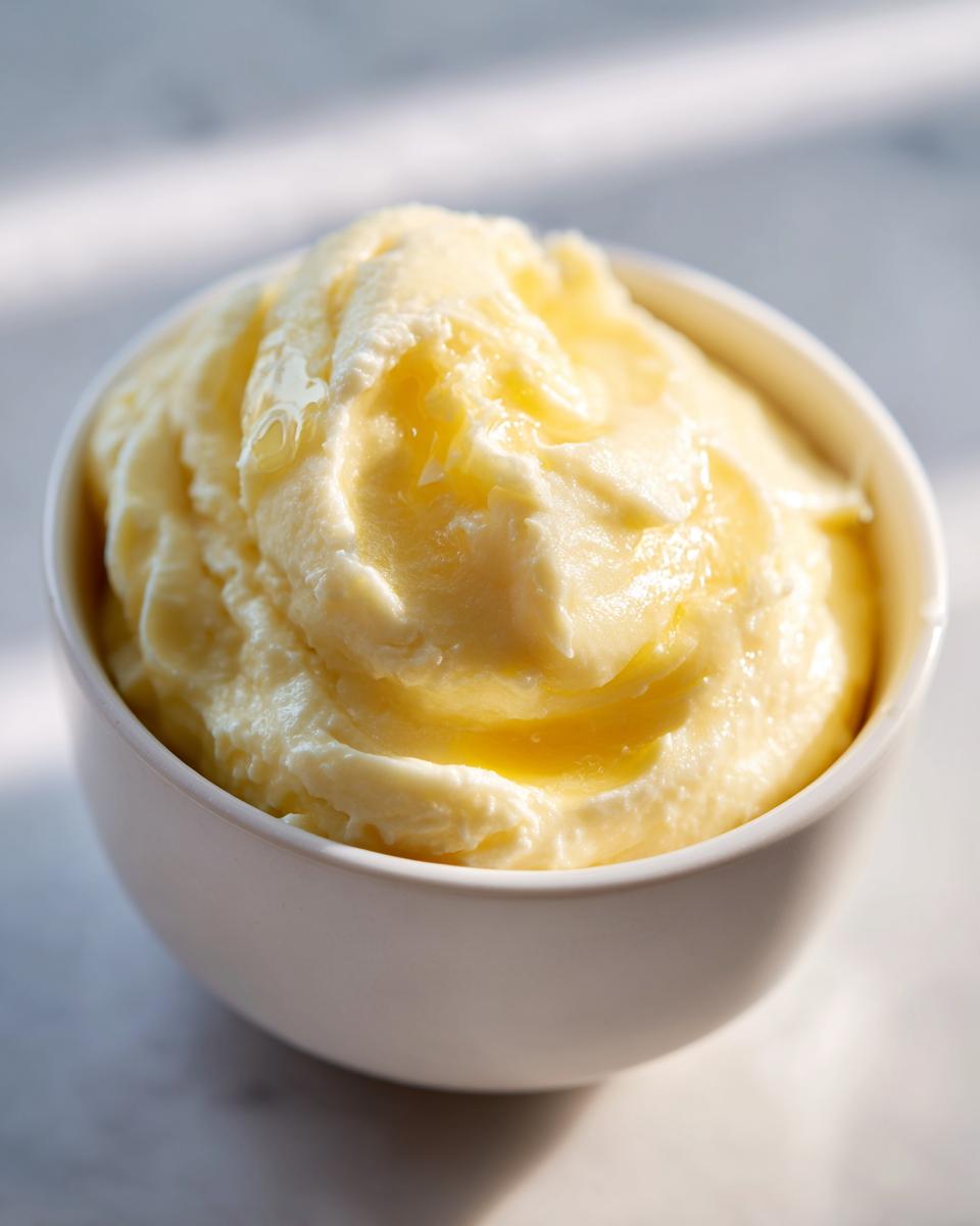 Close-up of thick, creamy, yellow hollandaise sauce swirled in a small white serving bowl.