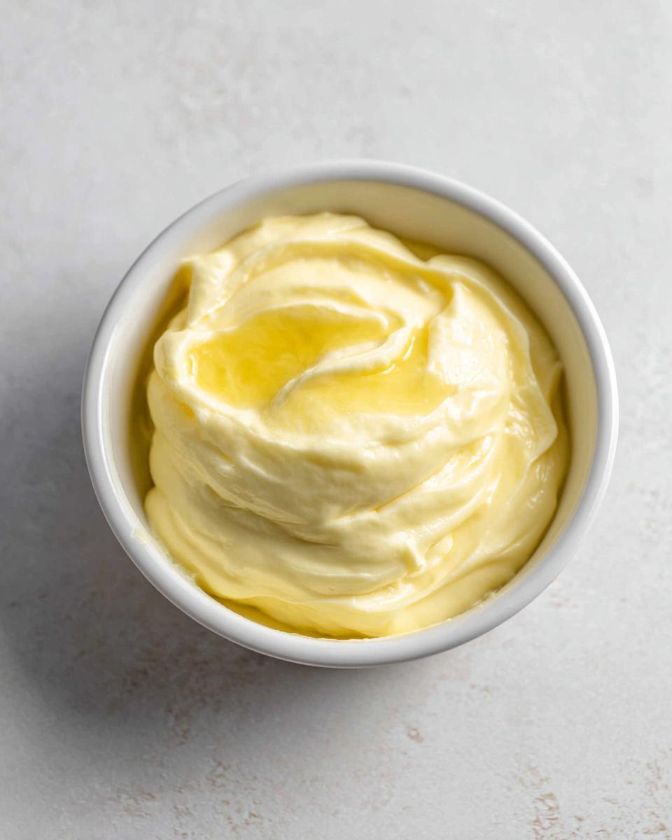 Overhead view of thick, pale yellow hollandaise sauce in a small white bowl, glistening with melted butter.
