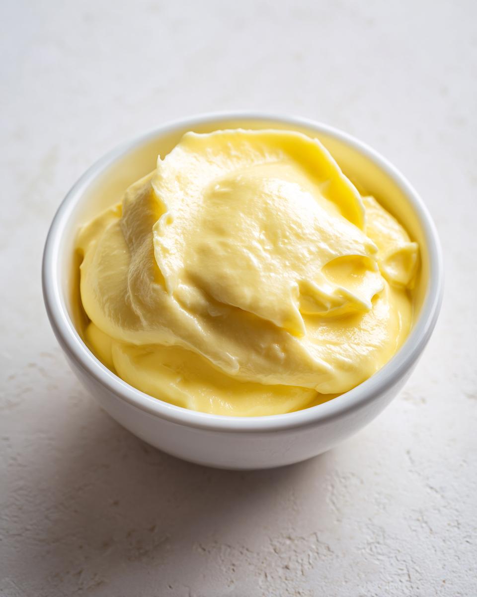 Close-up of thick, vibrant yellow hollandaise sauce swirled beautifully inside a small white bowl.