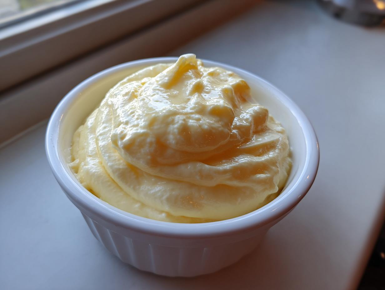 A close-up of thick, pale yellow hollandaise sauce swirled high in a small white ramekin.