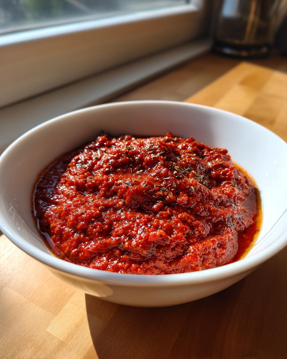 A close-up of thick, rich red pizza sauce seasoned with herbs, served in a white bowl on a wooden counter.