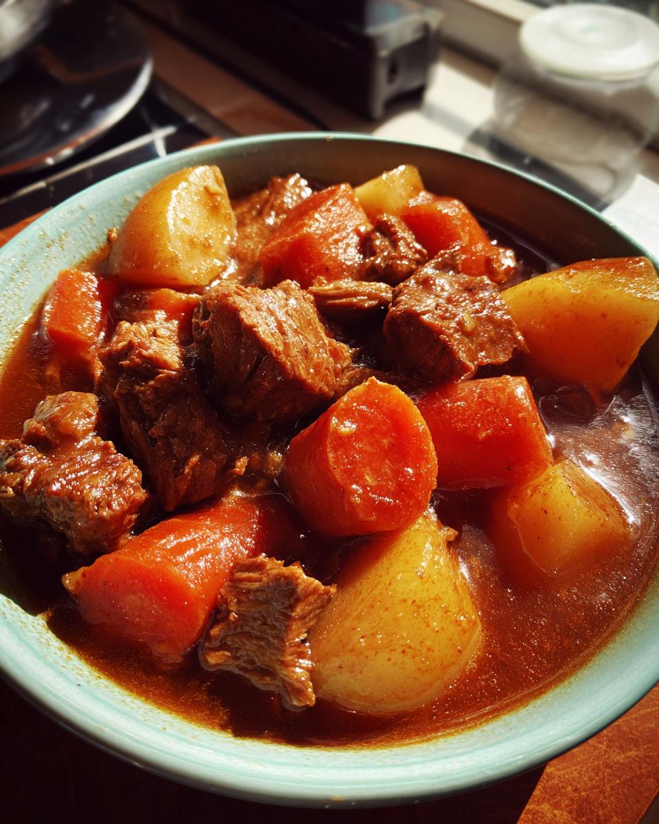 A close-up shot of a hearty bowl of rich pork stew featuring chunks of meat, carrots, and potatoes in a savory brown sauce.