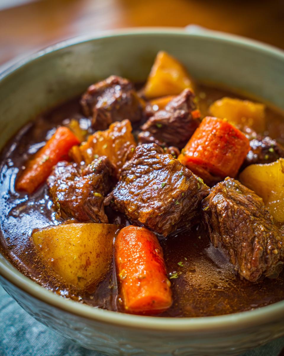 Close-up of tender chunks of meat and vegetables in a rich brown sauce, showcasing the delicious pork stew.