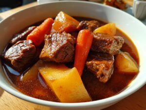 Close-up of a comforting pork stew featuring tender chunks of meat, bright carrots, and potatoes in a rich brown gravy.