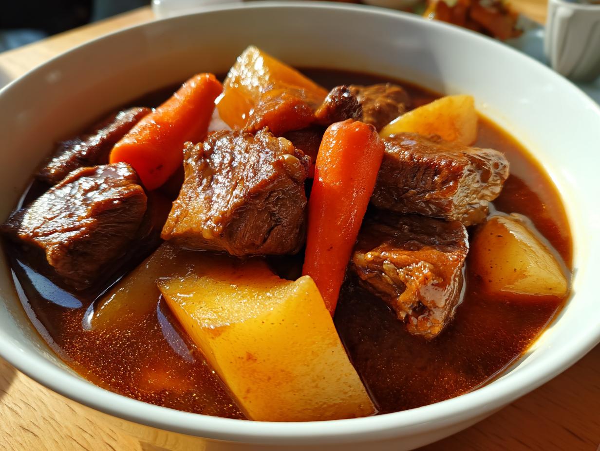 Close-up of a comforting pork stew featuring tender chunks of meat, bright carrots, and potatoes in a rich brown gravy.