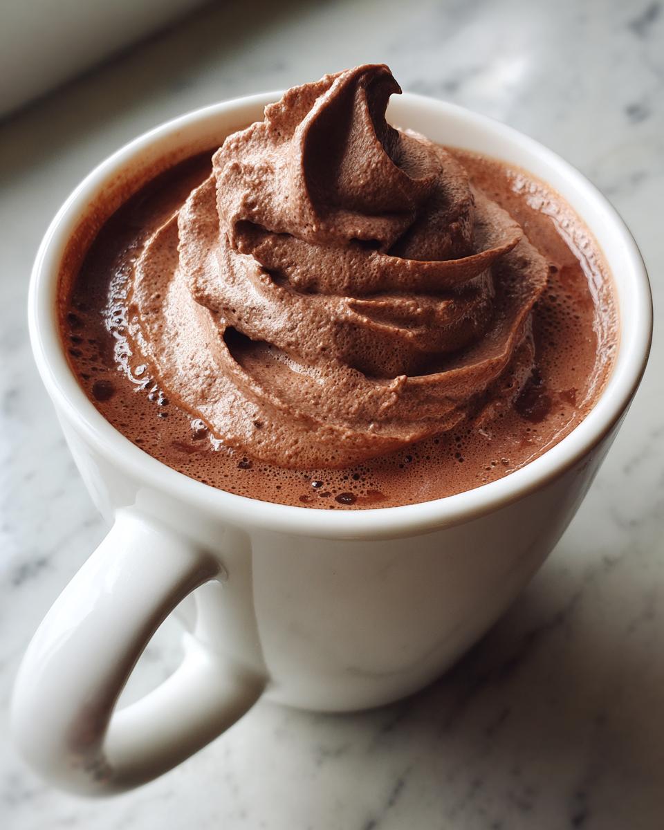 Close-up of a white mug filled with hot chocolate topped with a large swirl of rich chocolate whipped hot chocolate.