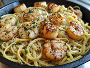 Close-up of perfectly seared scallops and shrimp mixed into creamy linguine for a delicious seafood pasta dish.