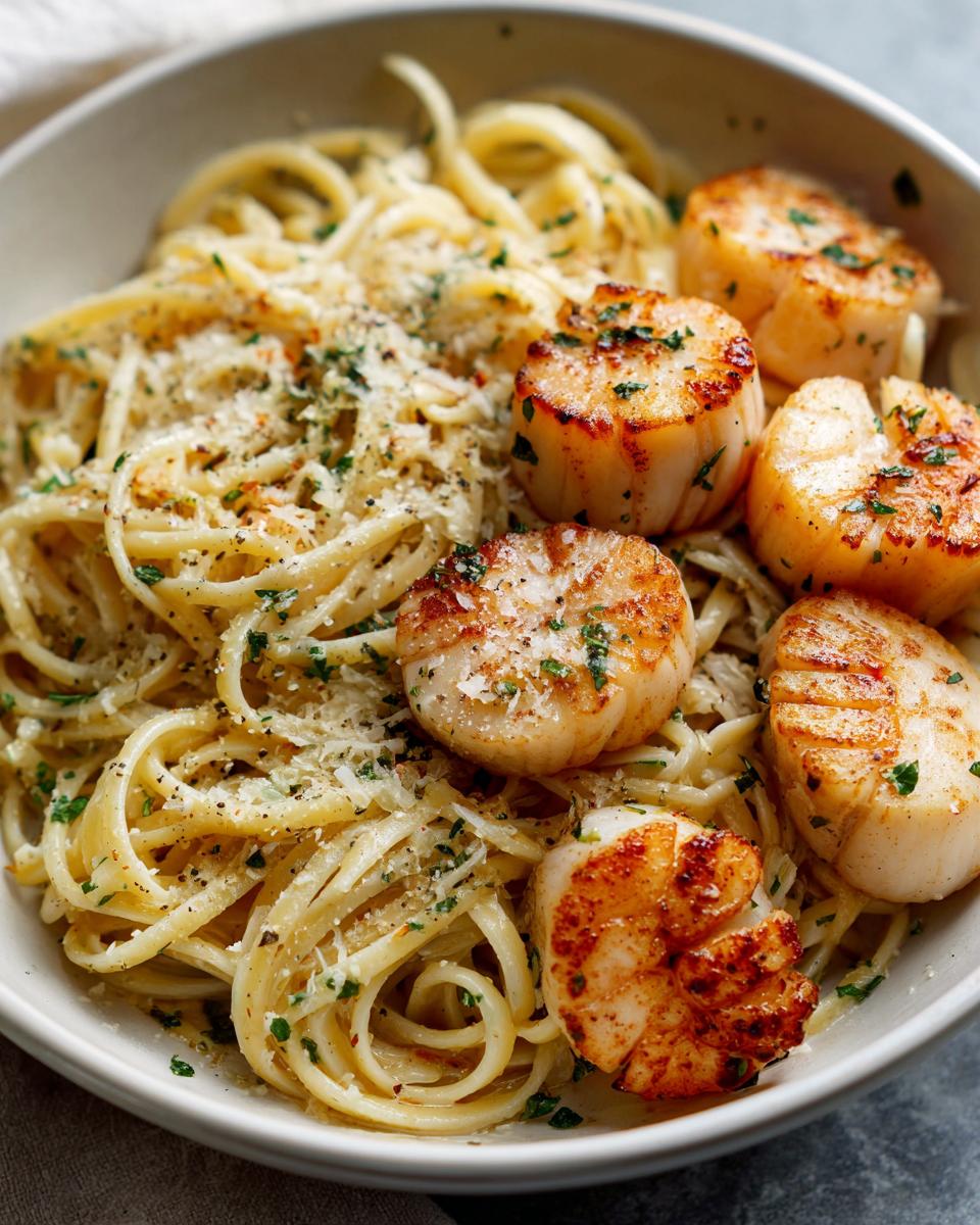 Close-up of a bowl of creamy seafood pasta topped with perfectly seared scallops and grated Parmesan.