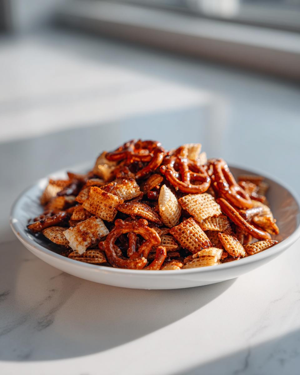 A white bowl filled with homemade chex party mix featuring seasoned Chex cereal and pretzels, highlighted by natural light.