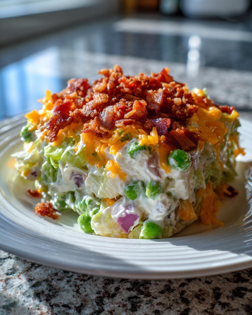 A generous serving of amazing 7 layer salad topped with shredded cheddar cheese and crispy bacon bits.