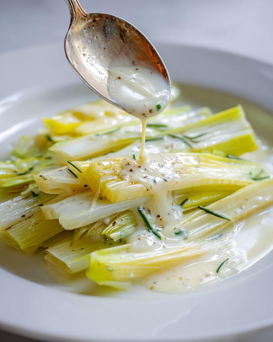 Close-up of creamy sauce being spooned over tender braised leeks garnished with pepper and herbs.