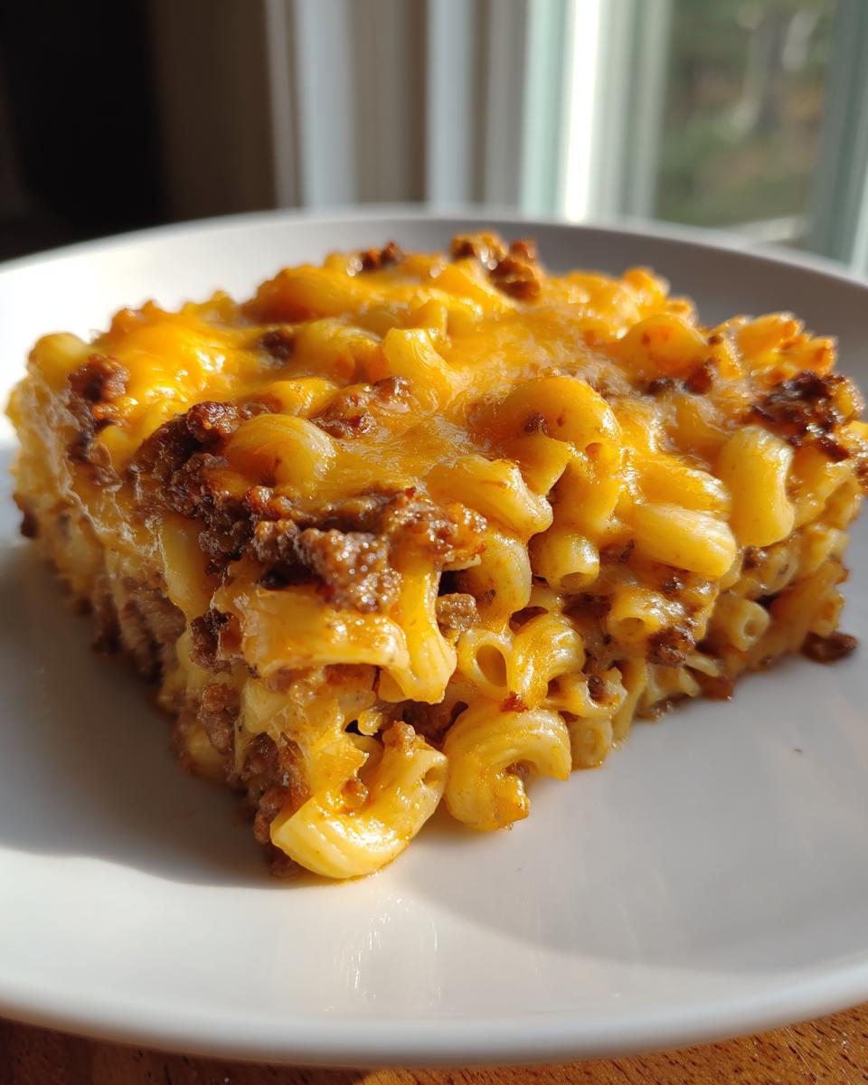 A close-up serving of rich cheeseburger casserole featuring elbow macaroni, ground beef, and melted cheddar cheese topping.