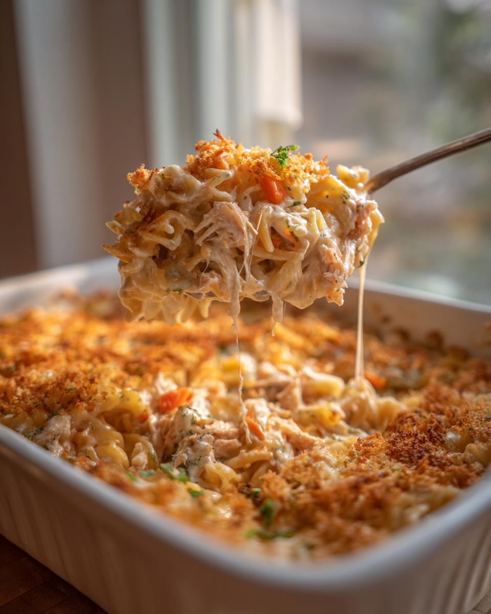 A spoonful of creamy, cheesy chicken noodle casserole being lifted from a white baking dish, showing melted cheese strings.