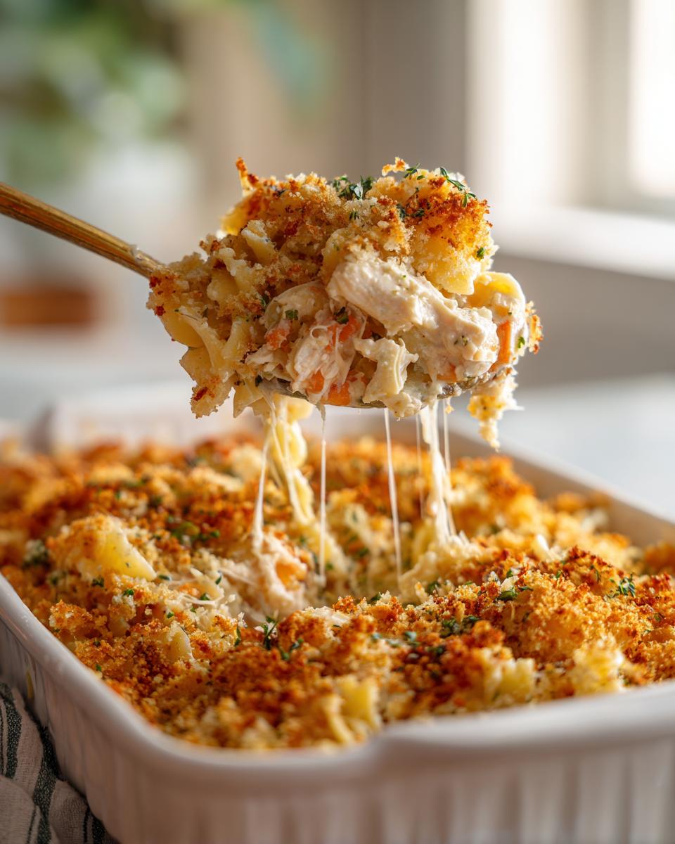 A spoonful of creamy chicken noodle casserole being lifted from a baking dish, showing cheese pulls and a golden breadcrumb topping.