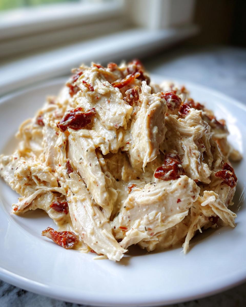 A close-up of shredded crockpot marry me chicken coated in a creamy sauce and mixed with sun-dried tomatoes on a white plate.