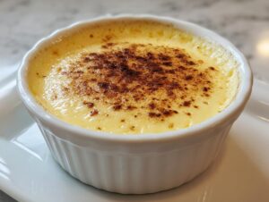 Close-up of a silky egg custard dessert in a white fluted ramekin, lightly dusted with cinnamon.