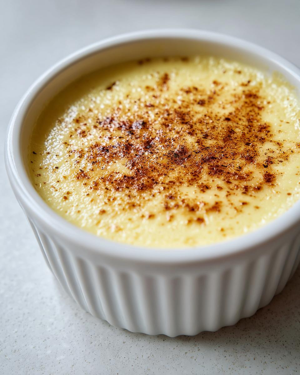 Close-up of a silky egg custard dessert served in a white fluted ramekin, lightly dusted with cinnamon or nutmeg.