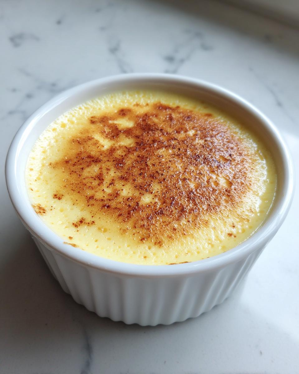 Close-up of a single serving of silky egg custard in a white ramekin with a perfectly torched, caramelized sugar top.