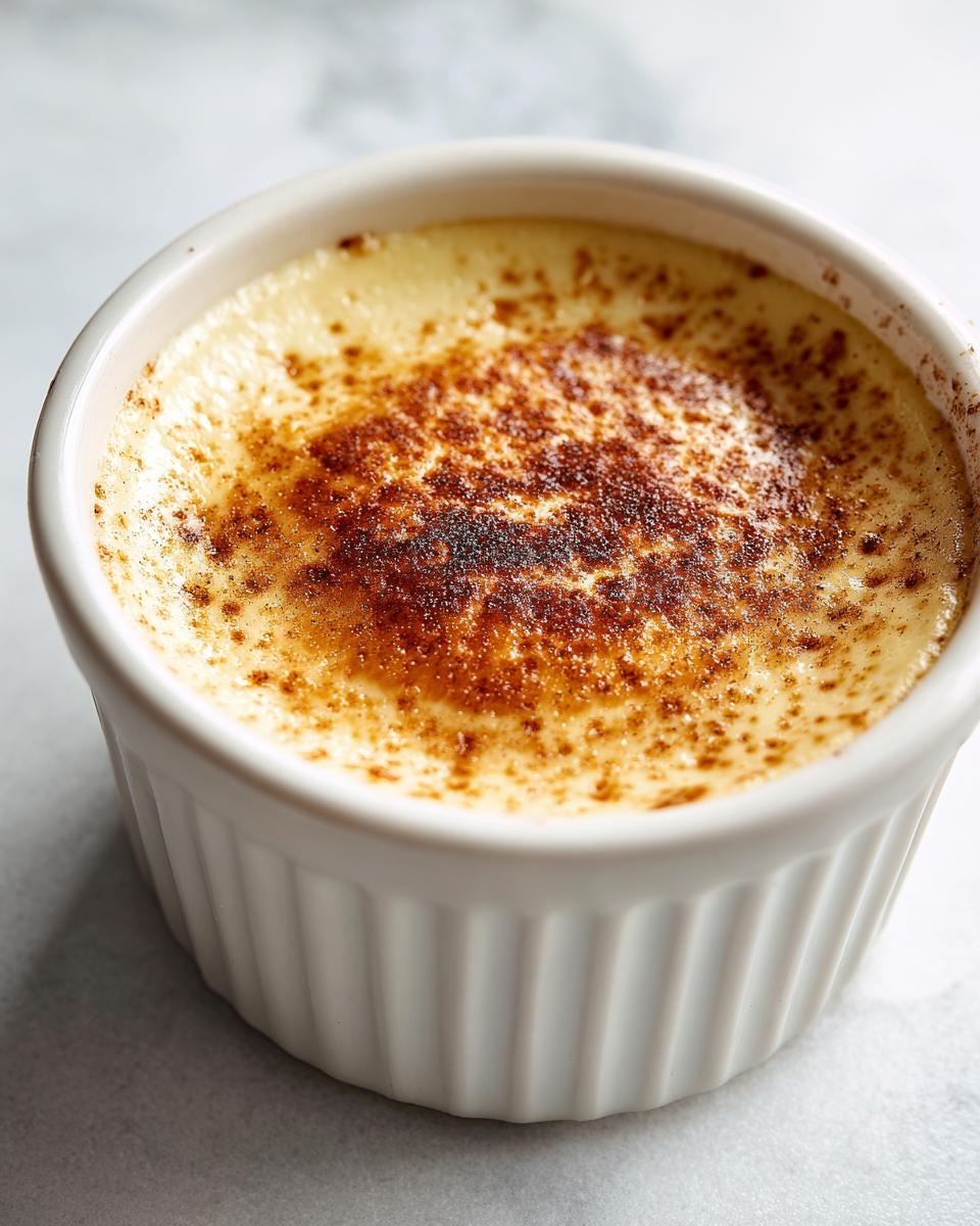 Close-up of a creamy egg custard in a white ramekin with a perfectly torched, caramelized sugar crust.