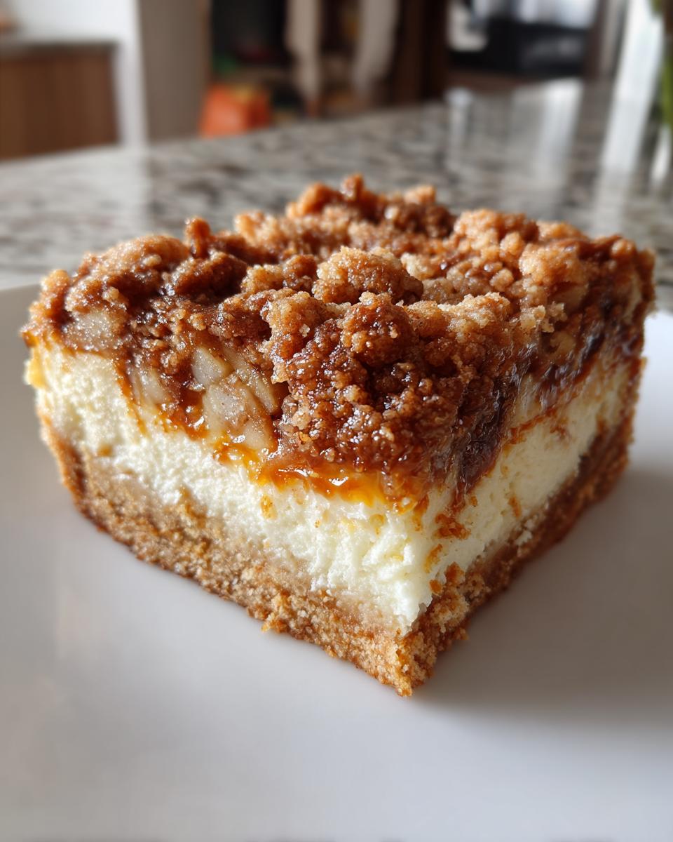 A close-up of a single square of apple cheesecake bars showing the graham cracker crust, creamy filling, and crumb topping.