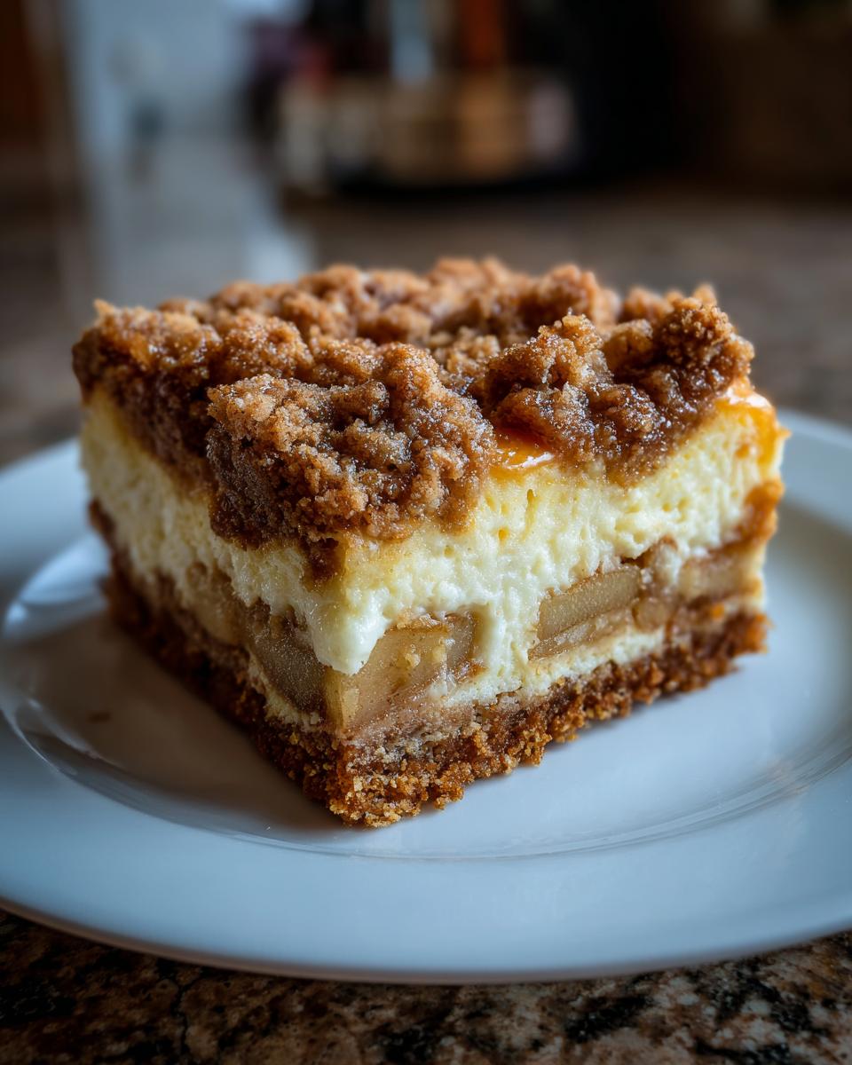 Close-up of a single square serving of 4-layer apple cheesecake bars with a crumb topping.