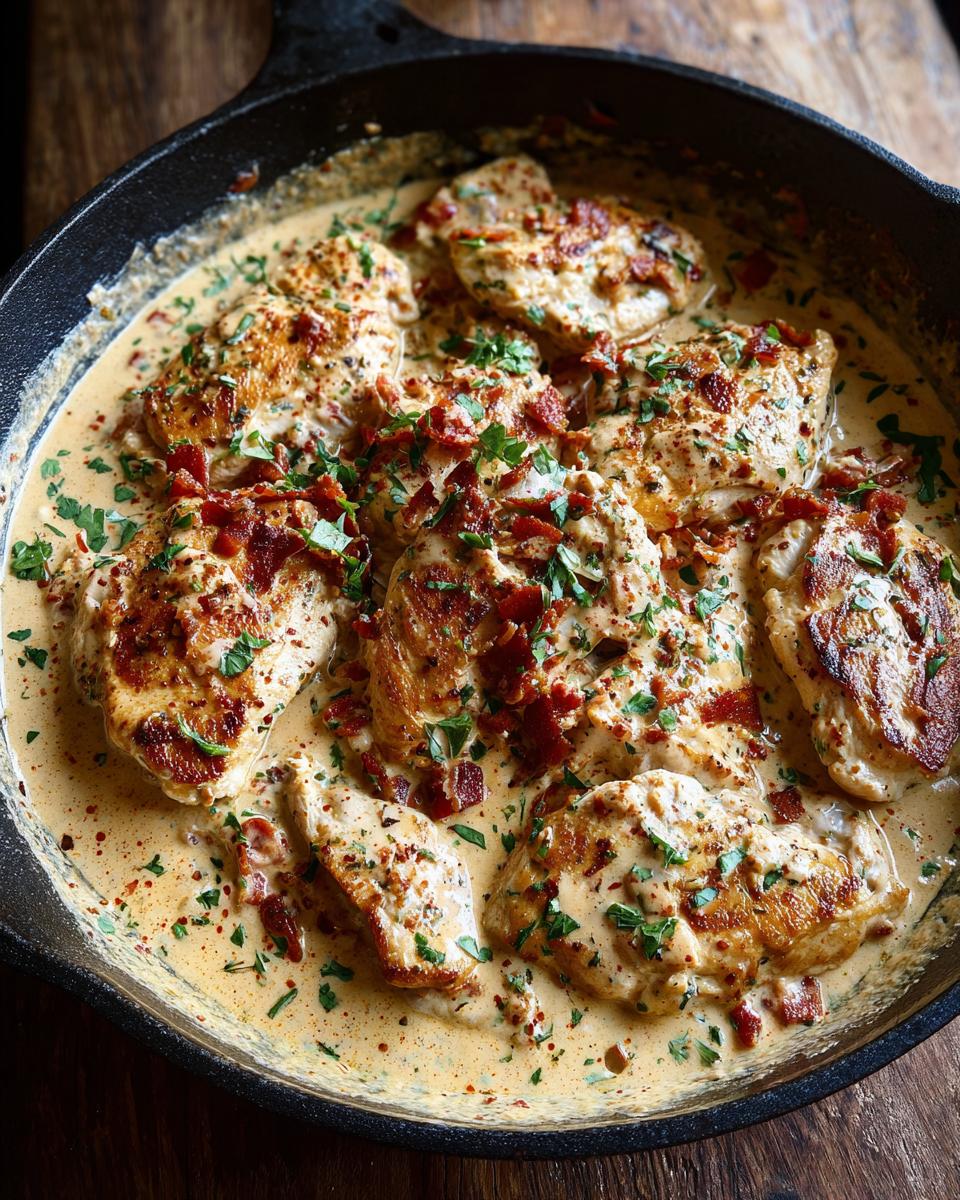 Close-up of seared chicken breasts smothered in a creamy sauce with bacon bits and fresh parsley, ready to serve in a cast iron skillet. This is Marry Me Chicken.