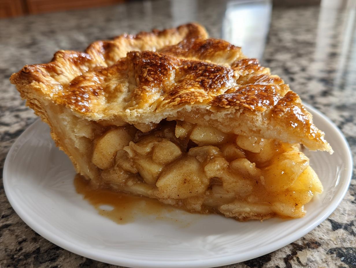 Close-up of a generous slice of apple pie showing thick, cinnamon-spiced apple filling and a golden, flaky crust.