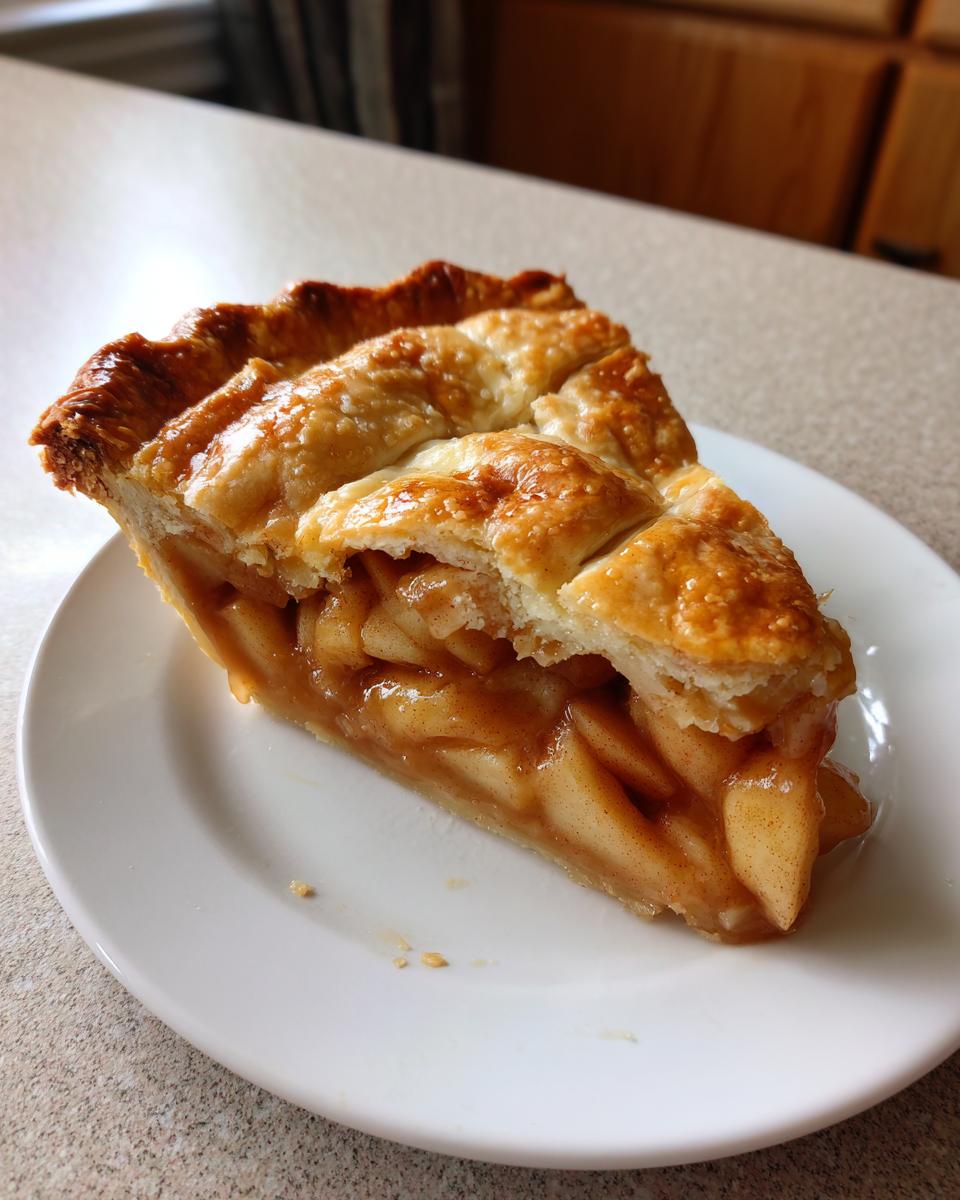 A perfect slice of homemade apple pie showing a thick, gooey filling and a golden, flaky lattice crust.