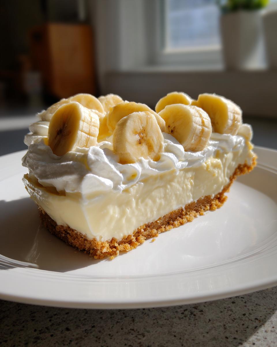 A close-up slice of banana cream pie with a graham cracker crust, creamy filling, whipped cream, and fresh banana slices.