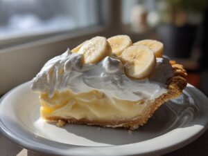 A generous slice of homemade banana cream pie featuring a thick custard layer, graham cracker crust, and topped with whipped cream and fresh banana slices.