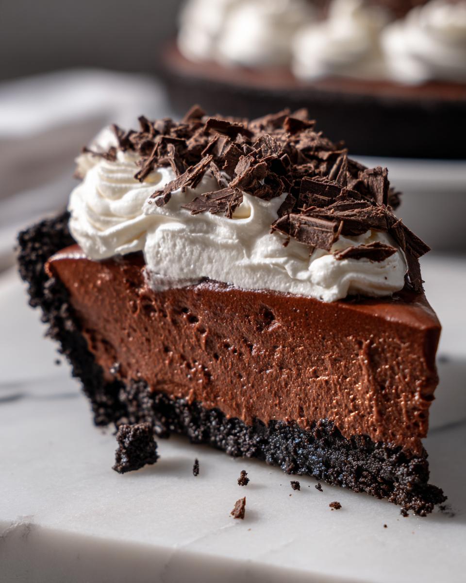 Close-up of a decadent slice of chocolate mousse pie with a dark crust, topped with whipped cream and chocolate shavings.