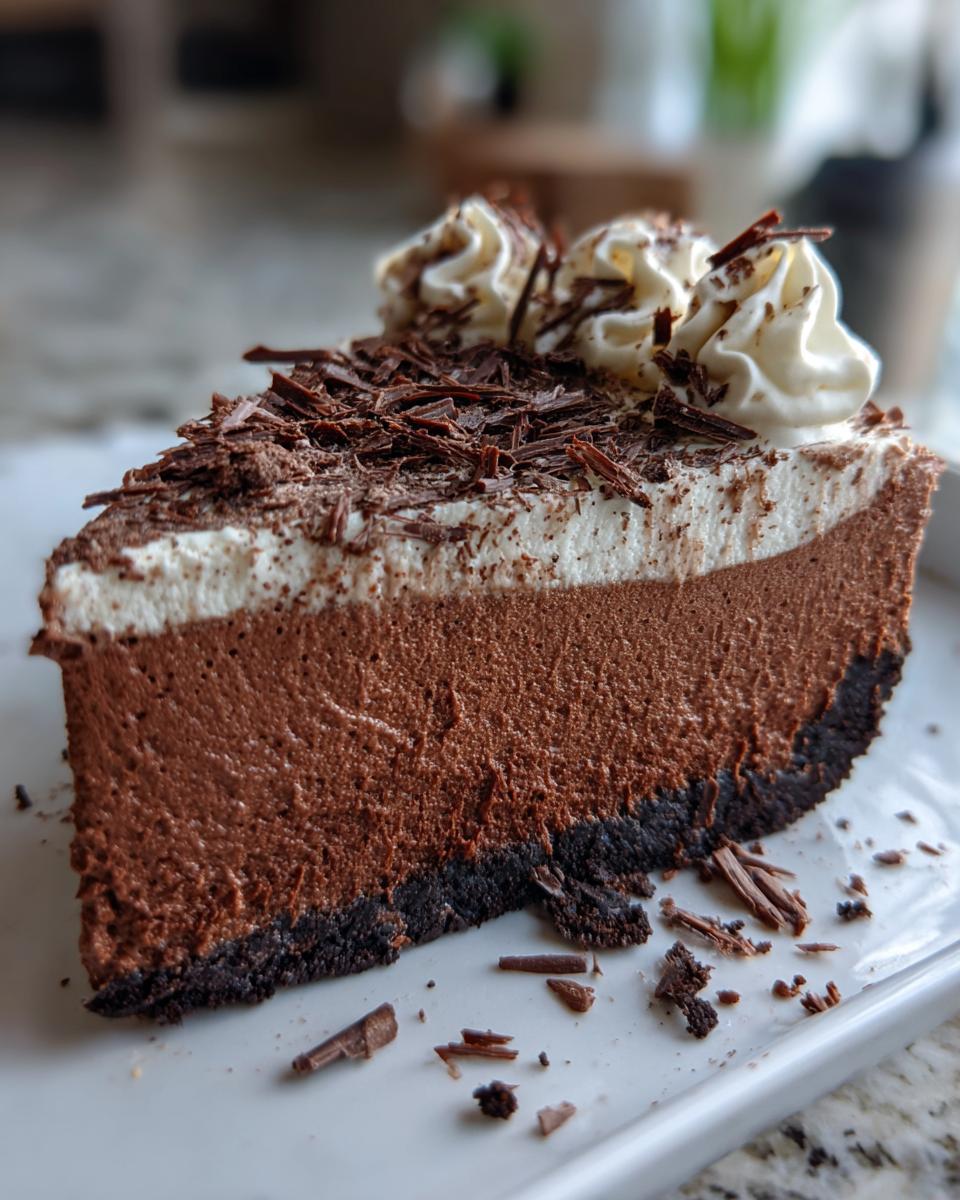 A decadent slice of chocolate mousse pie showing rich layers, topped with whipped cream and chocolate shavings.