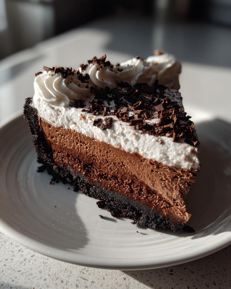 A decadent slice of chocolate mousse pie featuring a dark crust, two layers of mousse, whipped cream, and chocolate shavings.