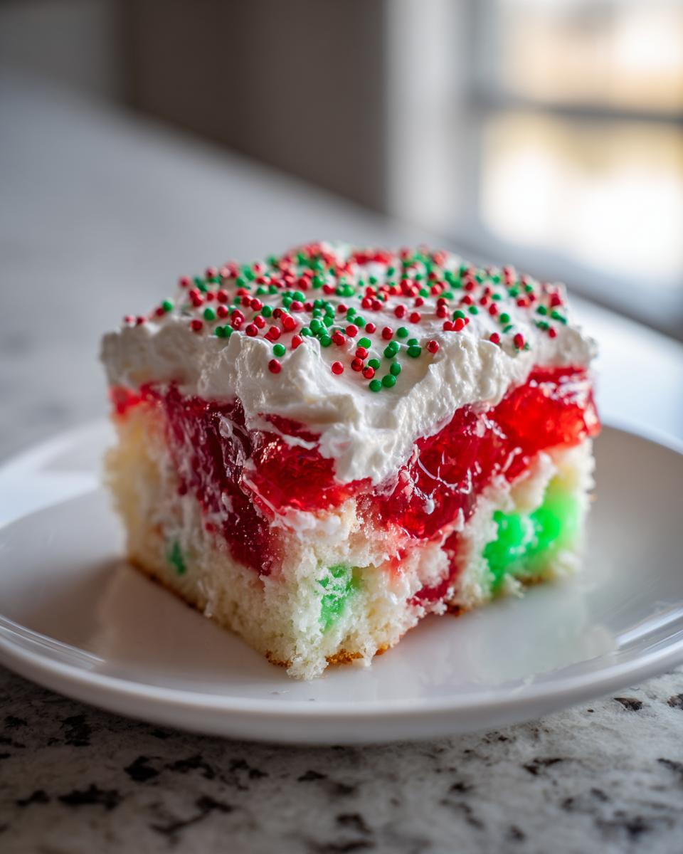 A moist slice of christmas poke cake featuring red gelatin, green-tinted cake, whipped topping, and festive sprinkles.