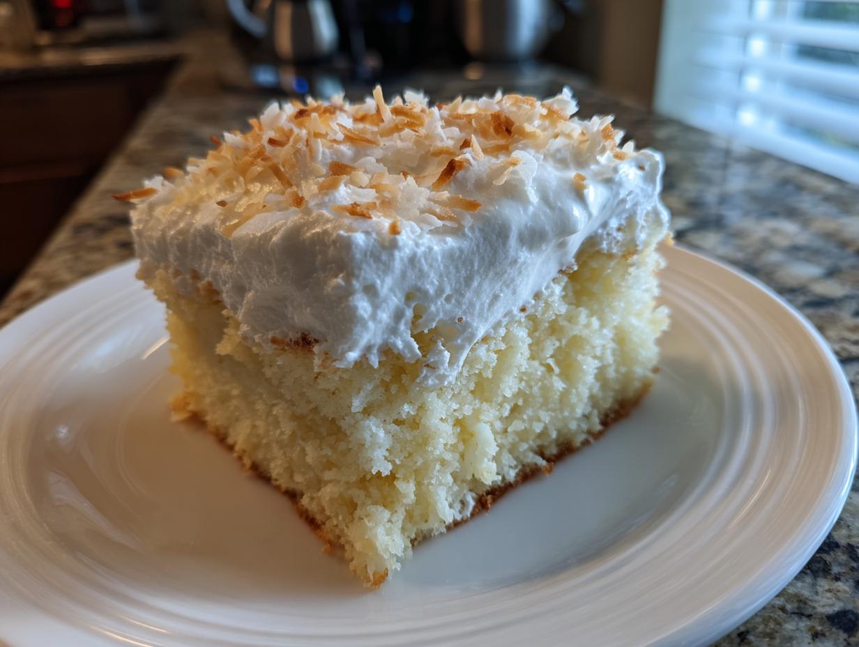 A square slice of moist coconut poke cake topped with white whipped cream and toasted coconut flakes.