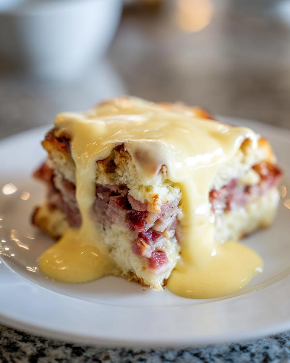 Close-up of a serving of eggs benedict casserole topped with rich, creamy hollandaise sauce.