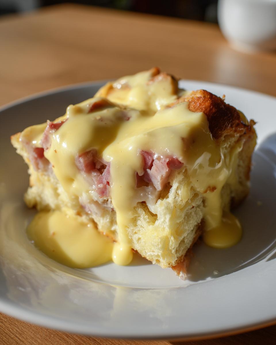 A square serving of eggs benedict casserole topped generously with creamy hollandaise sauce.