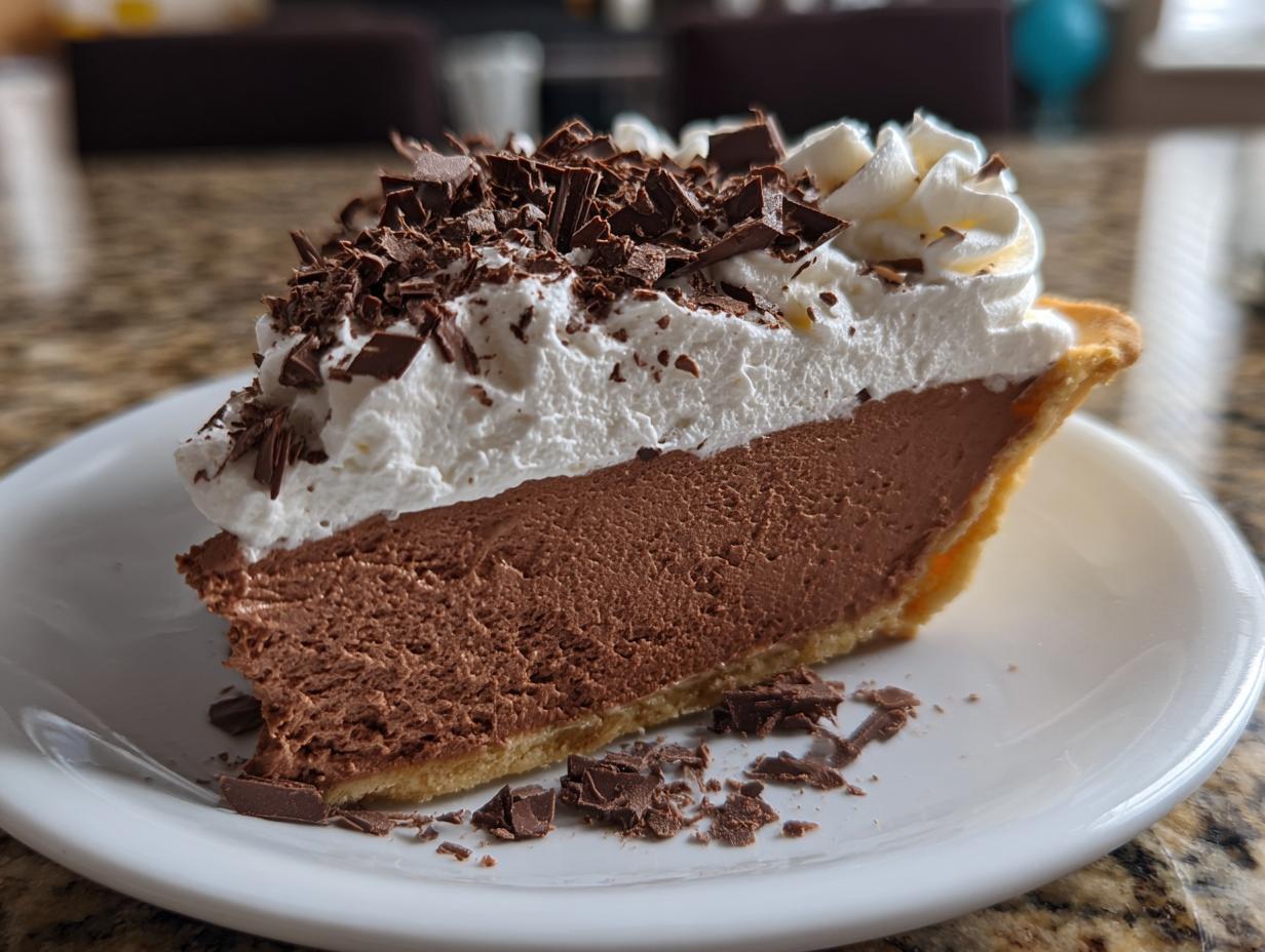 A perfect slice of rich french silk pie featuring a thick chocolate mousse filling, topped with whipped cream and dark chocolate shavings.