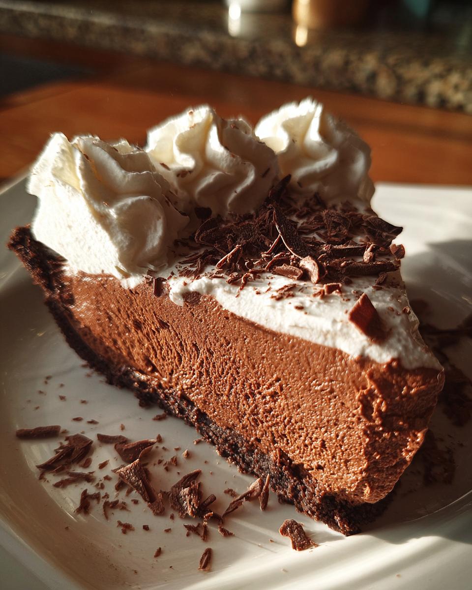 A decadent slice of french silk pie showing rich chocolate filling, a dark crust, and topped with whipped cream and chocolate shavings.