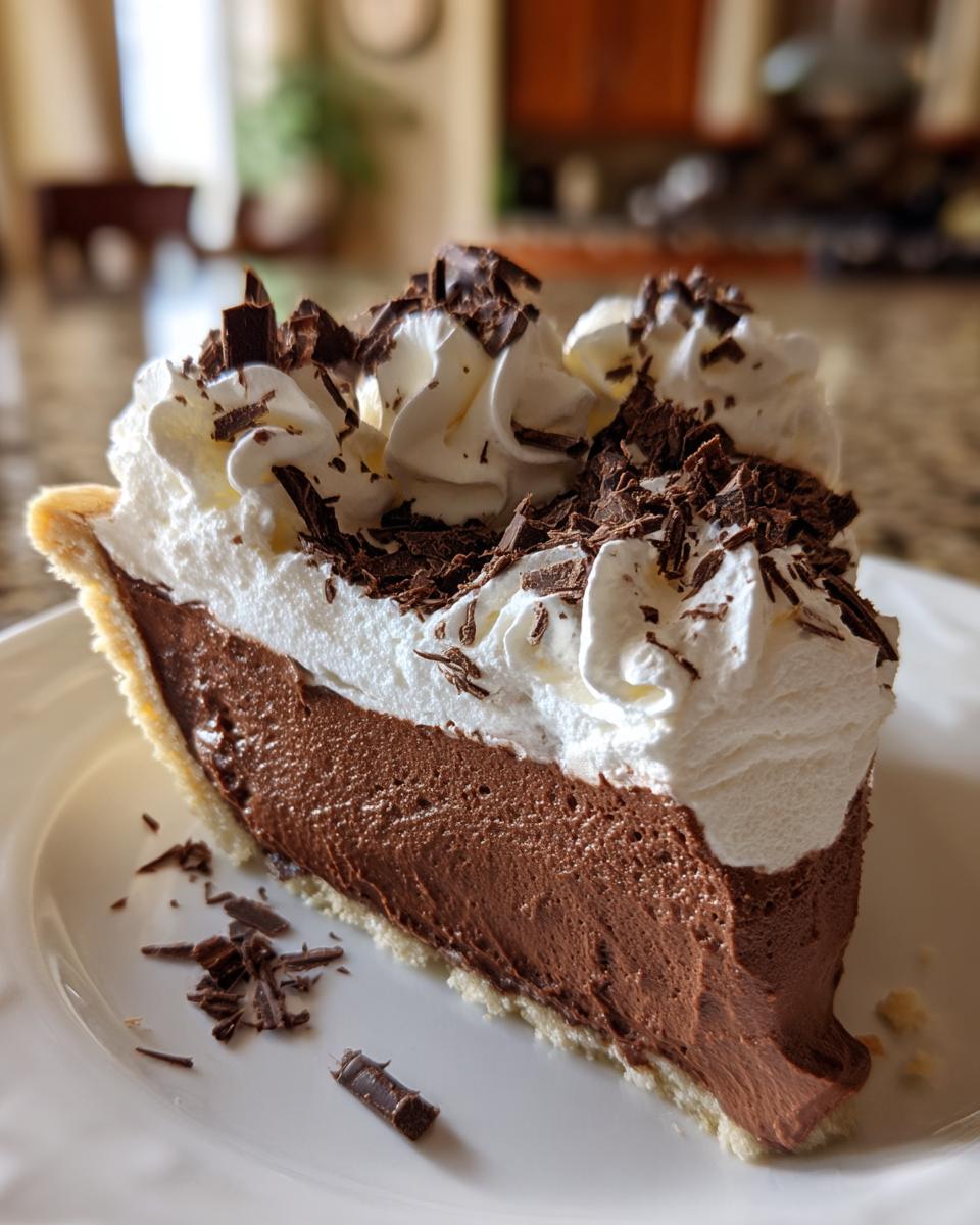 A decadent slice of french silk pie featuring a thick chocolate filling, topped with whipped cream and chocolate shavings.