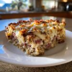 Close-up of a square slice of homemade reuben bake with melted, browned cheese topping.