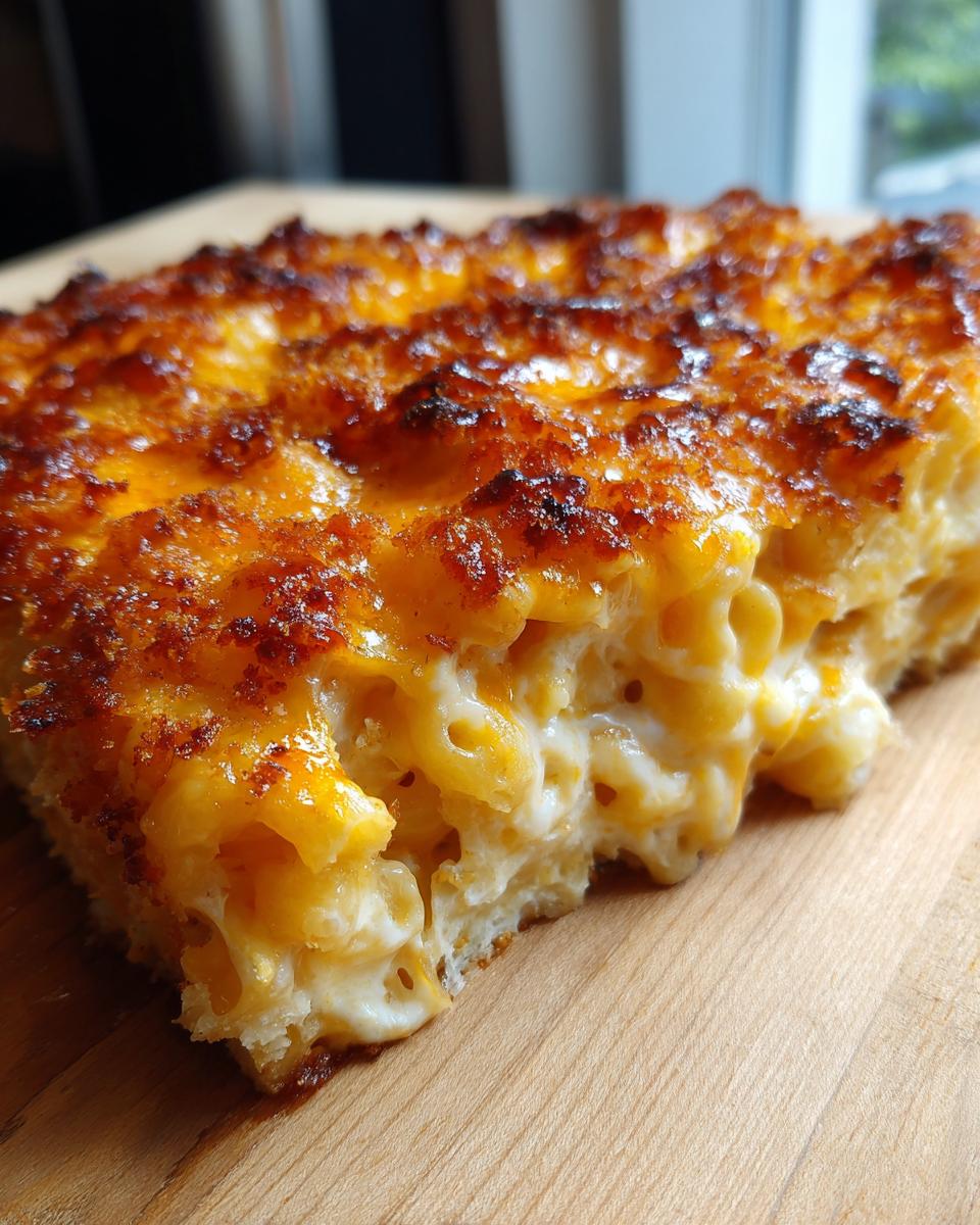 Close-up of a square slice of creamy baked mac and cheese with a deeply browned, cheesy crust.