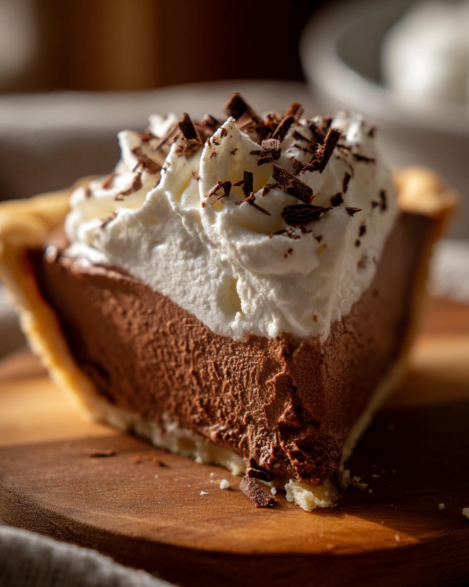 A close-up of a slice of creamy french silk pie with a thick chocolate filling and whipped cream topping.
