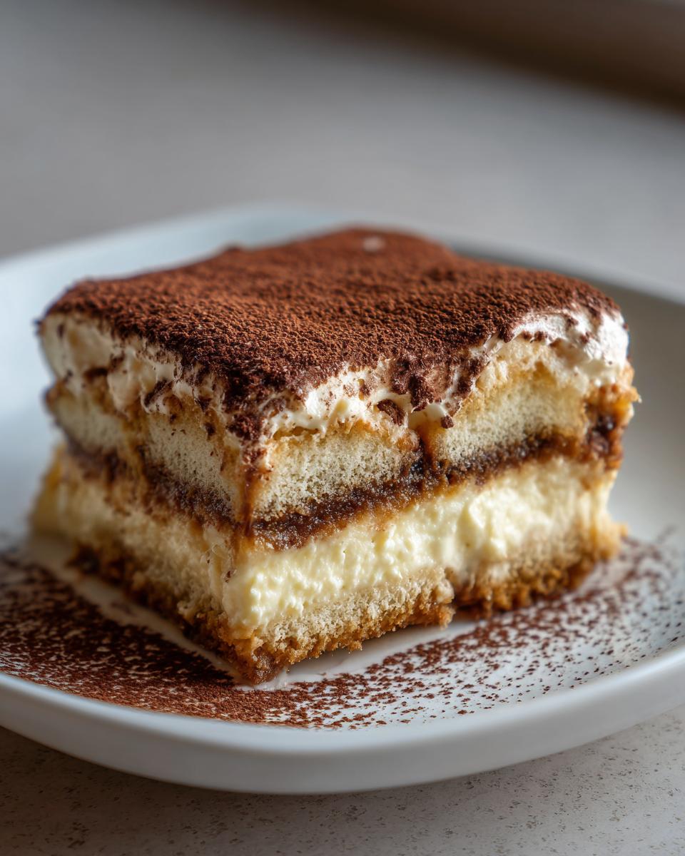 A perfect slice of tiramisu recipe showing layers of cream, coffee-soaked ladyfingers, and a heavy dusting of cocoa powder.