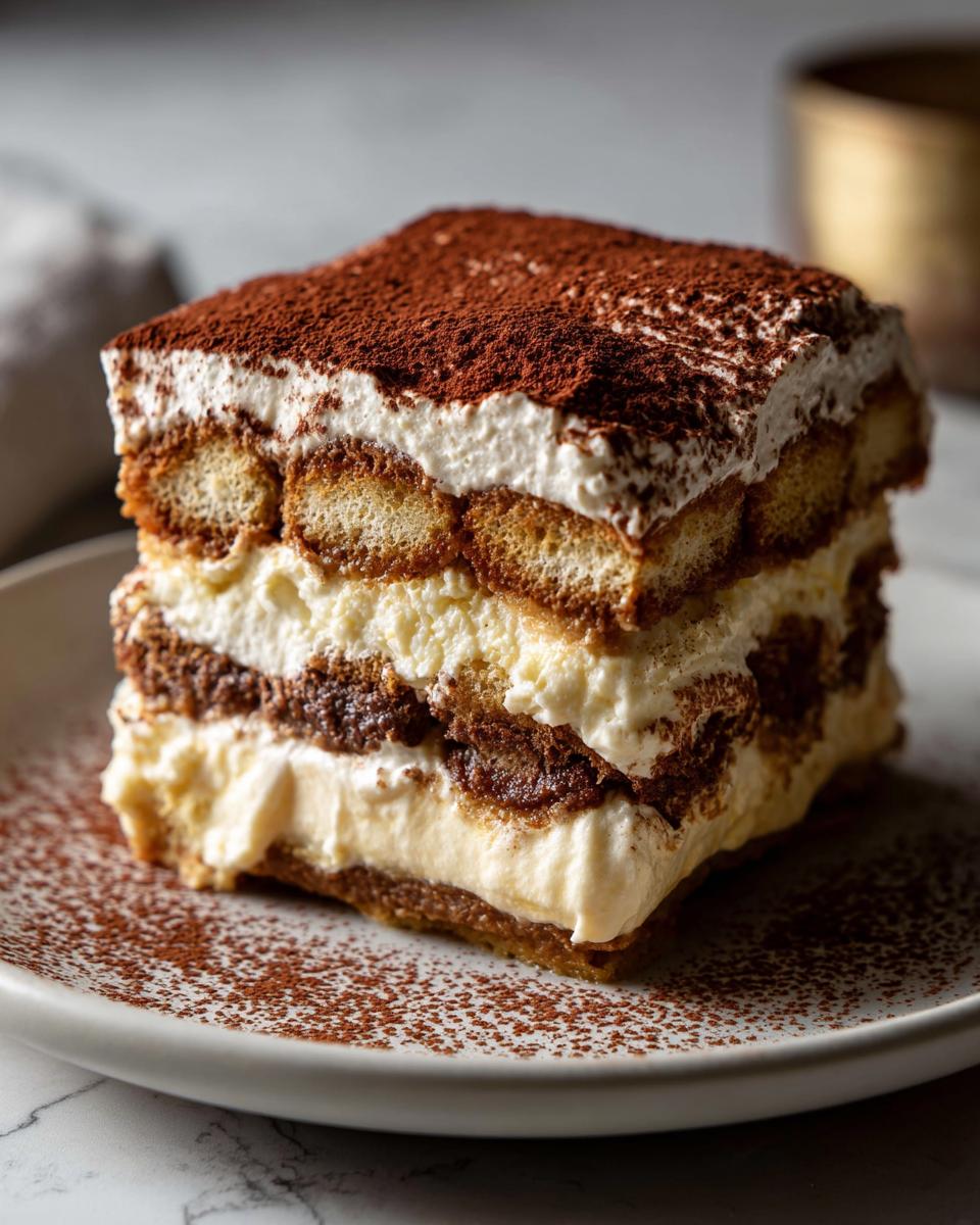 A rich, layered slice of tiramisu recipe dessert dusted heavily with cocoa powder on a white plate.