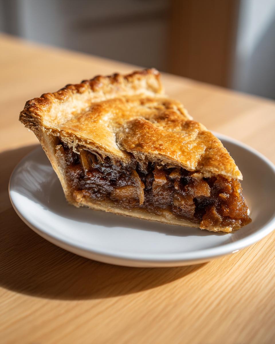 A close-up of a slice of old fashioned mincemeat pie with a golden crust, resting on a small white plate.