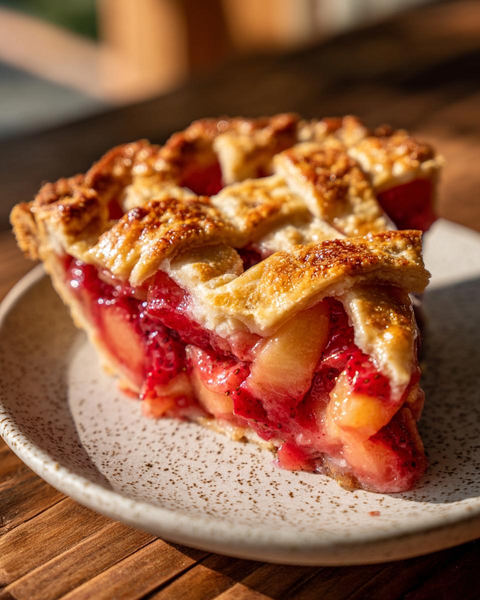 Close-up of a perfect slice of strawberry rhubarb pie showing the juicy filling and golden lattice crust.