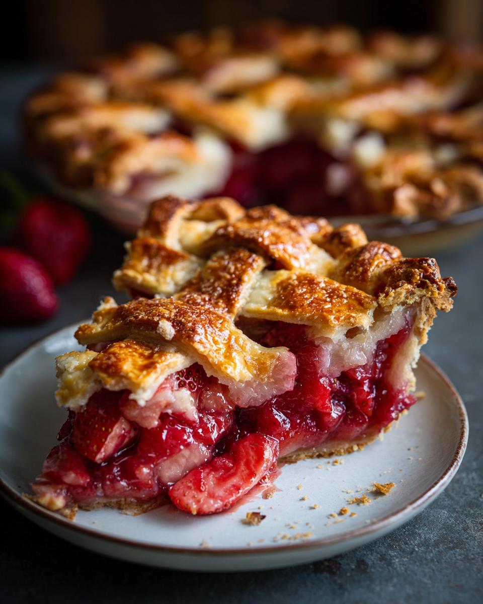 A close-up slice of strawberry rhubarb pie showing juicy red filling and a golden brown lattice crust.